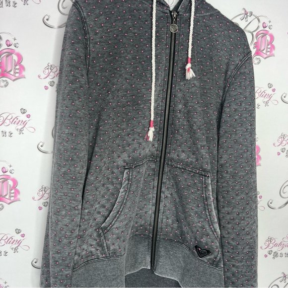 Roxy pink polka dotted grey zip up sweater embroidered logo black distressed y2k - Picture 5 of 10